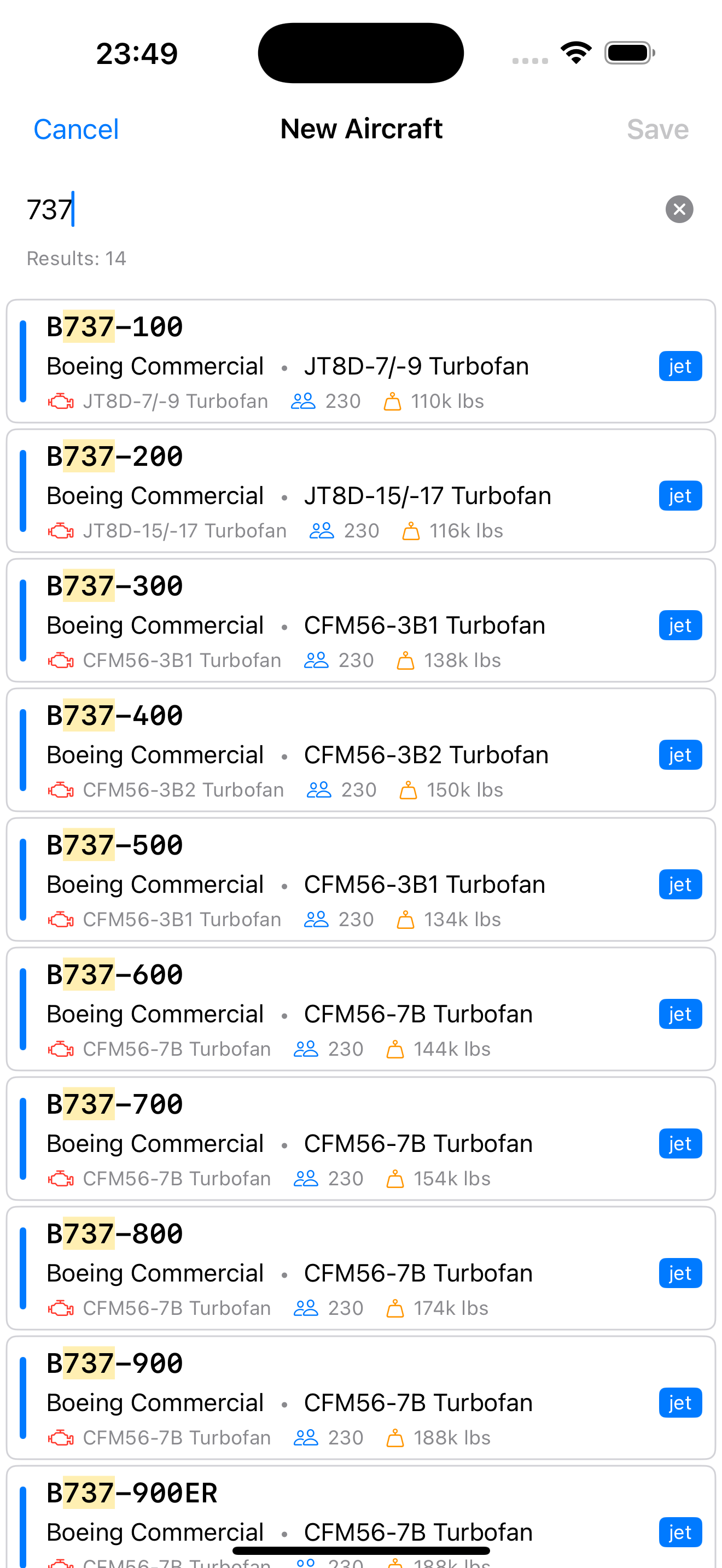 Aircraft Database / User Aircraft